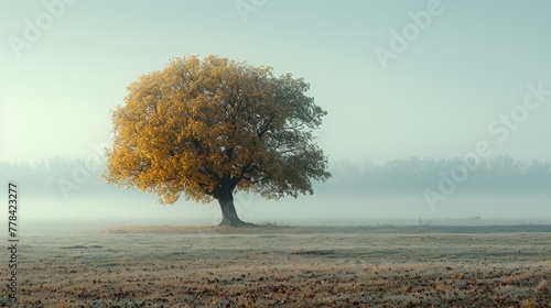   A field shrouded in mist with one solitary tree in the foreground and a single yellow tree amidst it photo
