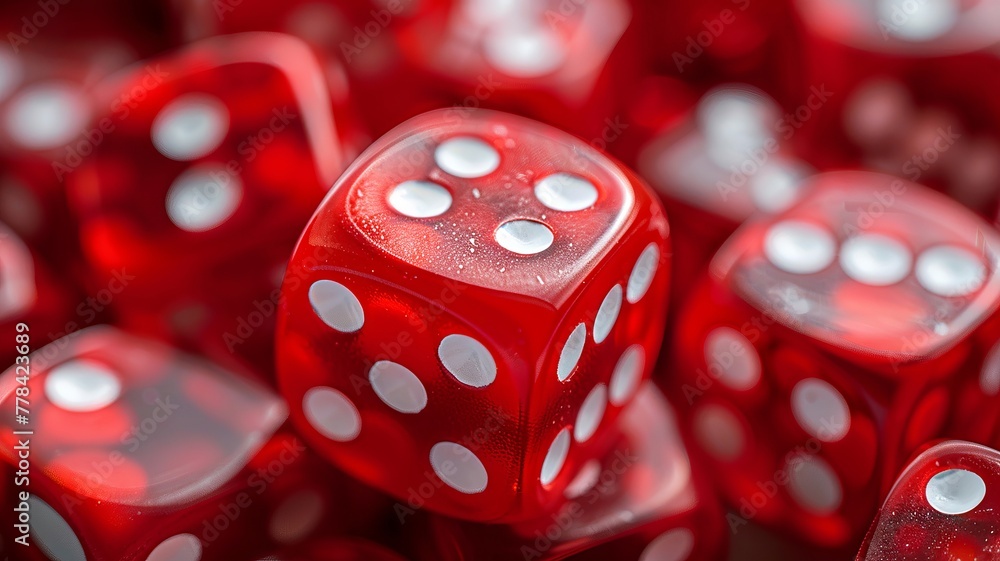 Pile of red dice with white dots close-up view Pile of red dice with white dots close-up view