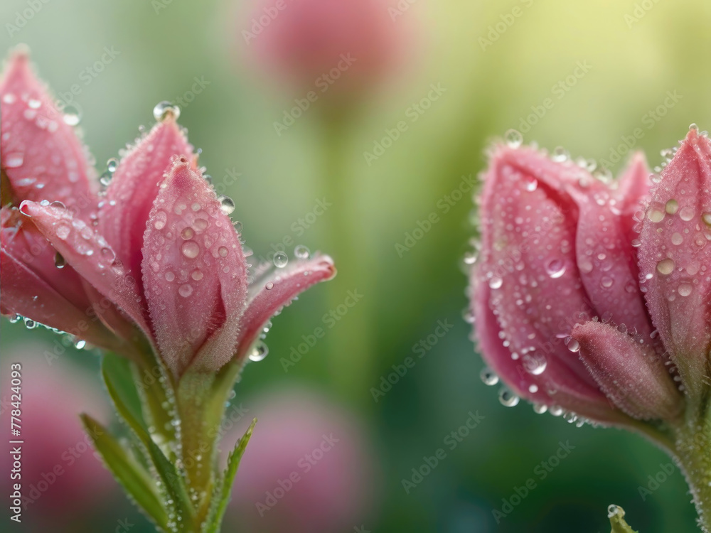Morning Dew on Tender Pink Flower Buds, Close-up View of Delicate Rose Petals Glistening with Dew Drops Morning Dew on Tender Pink Flower Buds, Close-up View of Delicate Rose Petals Glistening with Dew Drops