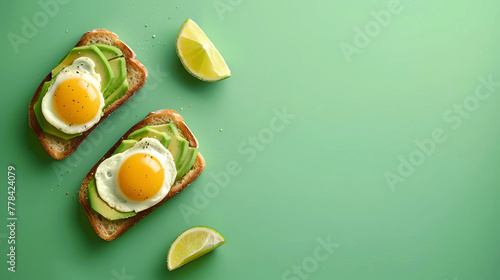 Avocado slices and sunny side up eggs on artisan toast, presented on a vivid green background perfect for hip brunch concepts