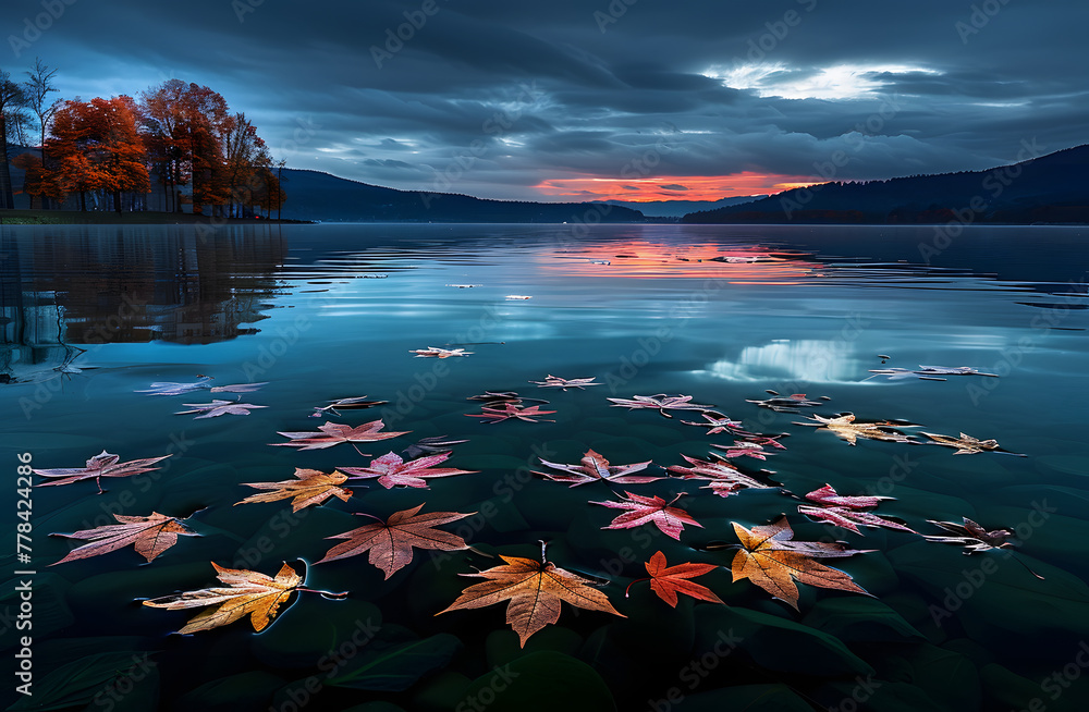 a lake with leaves floating on the water