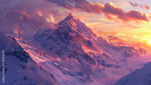 The rugged beauty of an ice mountain range captured in the soft light of dawn, its peaks bathed in hues of pink and gold as the sun rises above the horizon.