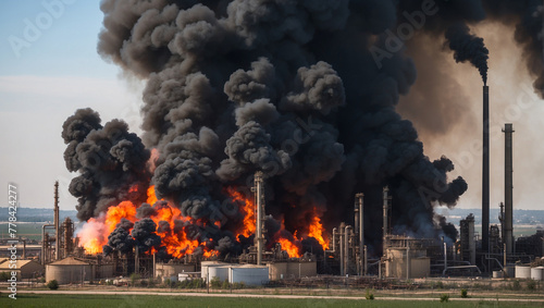 Major fire at an industrial oil refinery Powerful explosion