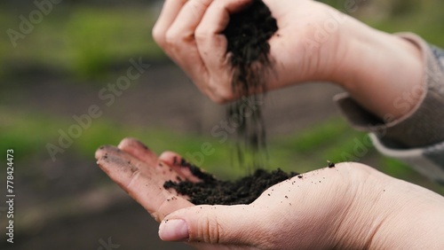 agriculture, farmer hand holding land, soil, hand holding soil, growing agriculture concept, farmer hand with fertile black soil, before sowing plant seeds, organic gardening, farmer hands touching