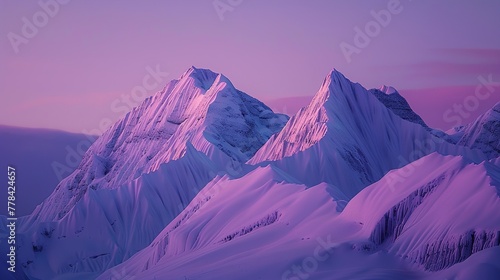 The surreal beauty of an ice mountain range captured in the soft light of twilight, its peaks bathed in hues of purple and pink as the last light of day fades into darkness.