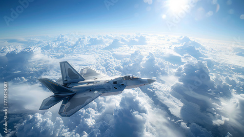 Military jet soaring in a cloud-filled bright blue sky photo