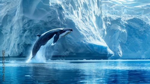 Photo of a whale jumping out of the water in the middle of the ocean in an iceberg zone. The background image gives a feeling of grandeur. © Suradet Rakha