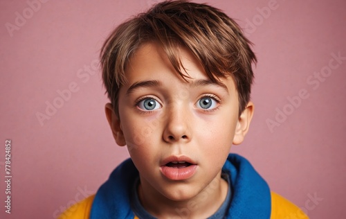 Blue hoodieclad boy displays surprise with raised eyebrows and wide eyes photo