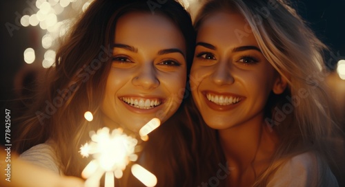 Two girls holding sparklers with each other smiling