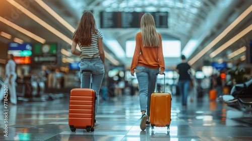 Two Women Walking Through Airport With Suitcases