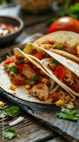 Grilled flour tortillas filled with shredded chicken, melted cheese, bell peppers, and onions, served with salsa and sour cream for dipping, delicious food style, blur background, natural look