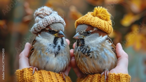 Two Small Birds Perched on Persons Hand © olegganko