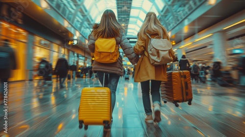 Two Women Walking With Luggage in Hallway