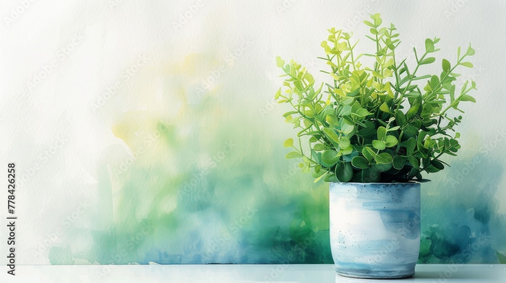 Minimalistic Plant Pot on Soft Green and Blue Watercolor Blend Background. Minimalistic Plant Pot on Soft Green and Blue Watercolor Blend Background.