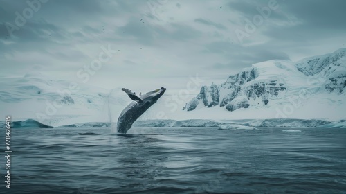Photo of a whale jumping out of the water in the middle of the ocean in an iceberg zone. The background image gives a feeling of grandeur. © Suradet Rakha