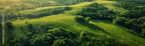 beautiful arial view of agricultural rural green landscape at the sunrise © Ivana