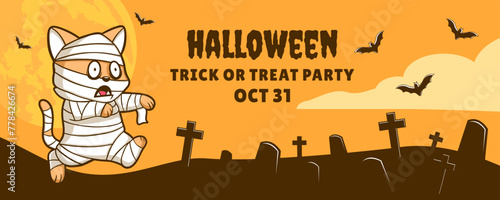 Happy halloween banner with funny mummy cat, bats, pumpkin. vector illustration