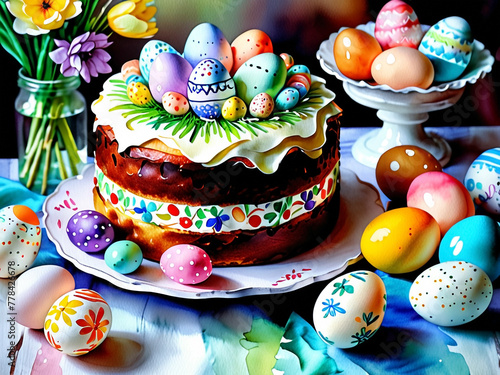 Watercolor illustration with Easter cake and multi-colored eggs standing on the table. Watercolor drawing on textured paper. Easter concept. Children's drawing with paints.