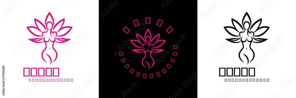 Naklejka premium Silhouette Beautiful Woman in Lotus Flower Line Art for yoga Spa Cosmetic Beauty Body Skin Care Health meditation logo design vector illustration