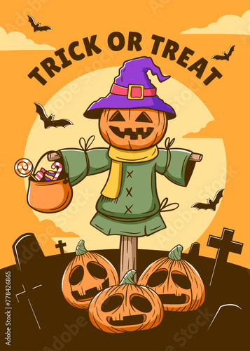 Happy halloween funny scarecrow with bats, pumpkin, candy. vector illustration