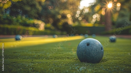A bocce ball making the critical hit, with the other balls and the pallino in a strategic blur in the background, capturing the tension and finesse of bocce