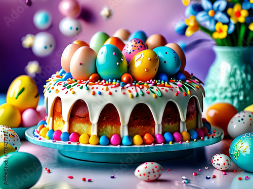 3D illustration with Easter cake and colorful eggs standing on the table. Easter composition, still life on the table. Easter concept. AI concept.