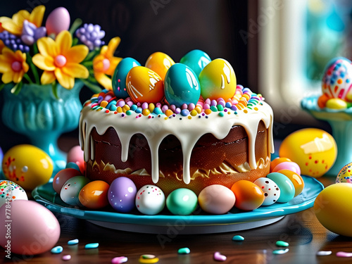 3D illustration with Easter cake and colorful eggs standing on the table. Easter composition, still life on the table. Easter concept. AI concept.