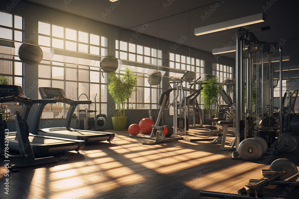 Modern gym in dark colors. Sports equipment in the gym