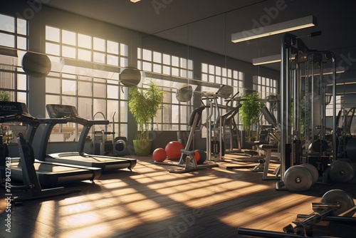 Modern gym in dark colors. Sports equipment in the gym photo