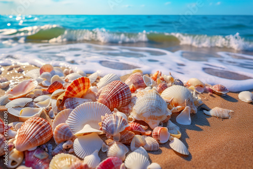 Many empty shells on the beach, close-up view against the background of the sea.