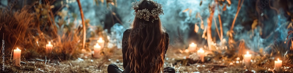 a witch with a wreath on her head sits on the ground with candles. a witch with a wreath on her head sits on the ground with candles.