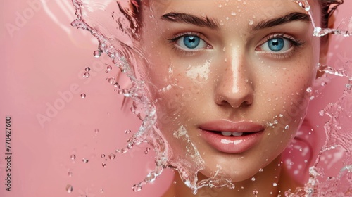 Woman With Blue Eyes on Pink Background