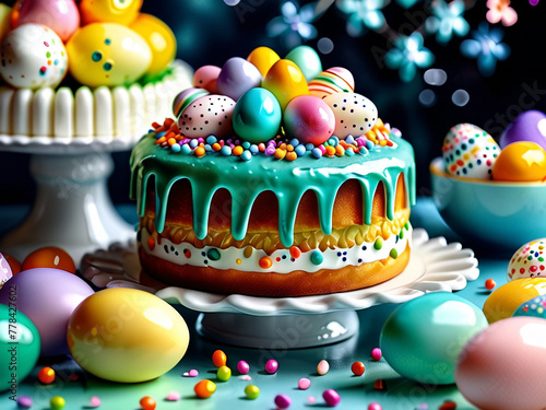 3D illustration with Easter cake and colorful eggs standing on the table. Easter composition, still life on the table. Easter concept. AI concept.