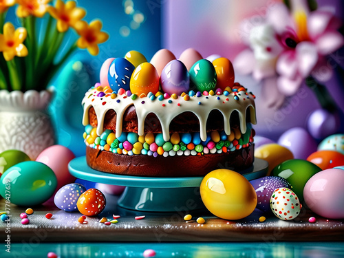 3D illustration with Easter cake and colorful eggs standing on the table. Easter composition, still life on the table. Easter concept. AI concept.