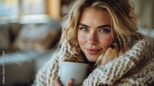 Woman in Red Hat and Scarf Holding Coffee Cup