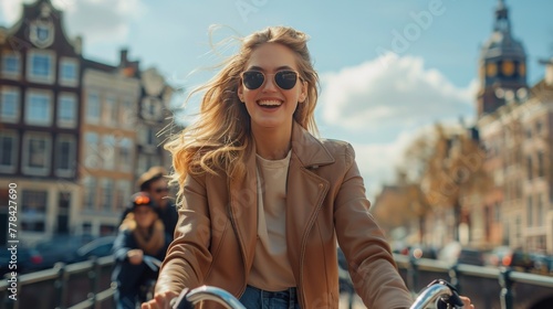 Woman Riding Bike Down Street