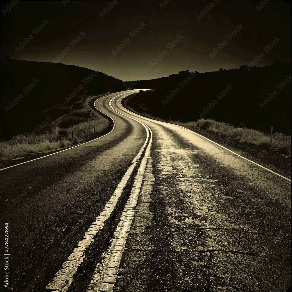 Road with sharp, angular turns, symbolizing the idea of cutting corners in a literal sense. The image employs a dramatic lighting scheme and contrasting shadows, drawing inspiration from the film noir