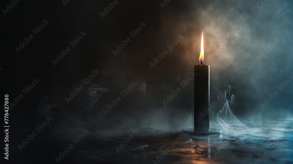 black candle on a dark background with fog.