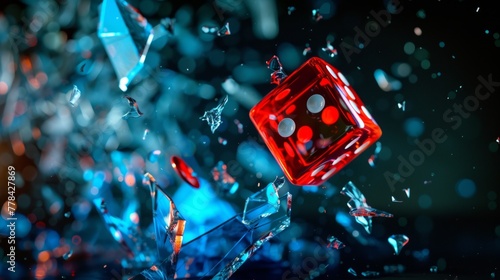 Shattered glass surface with a dice suspended mid-air, frozen in a critical moment. The fractured glass symbolizes the impact of a critical hit, emphasizing the unpredictable and impactful nature.