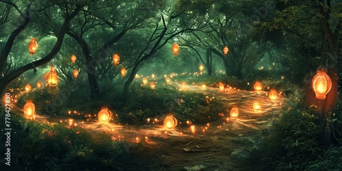 Winding path through a dark forest, illuminated by a series of glowing lanterns. Each lantern represents a challenge or obstacle, and as the path progresses. photo