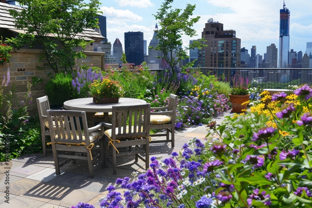 Sky-High Serenity: A Rooftop Garden's Springtime Symphony of Flowers Against the City Backdrop Sky-High Serenity: A Rooftop Garden's Springtime Symphony of Flowers Against the City Backdrop