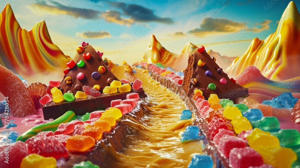 Candy bar transformed into a fantasy landscape, with gummy bears climbing chocolate mountains and licorice bridges spanning caramel rivers.