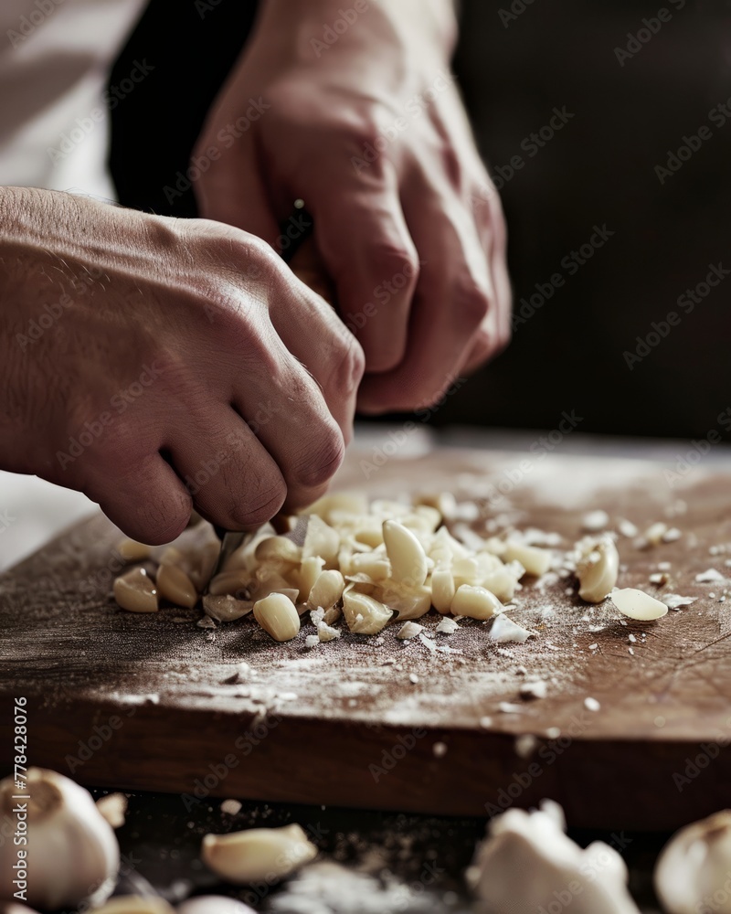 Chef's hands skillfully chopping garlic cloves on a wooden cutting board, capturing the motion and essence of the cooking process. The warm, earthy tones of the garlic.