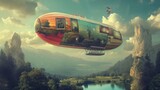 Zeppelin transformed into a floating art gallery, adorned with colorful paintings and sculptures, drifting above a surreal landscape.