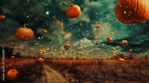 Surreal pumpkin patch with oversized pumpkins floating in a dreamlike, starlit sky.