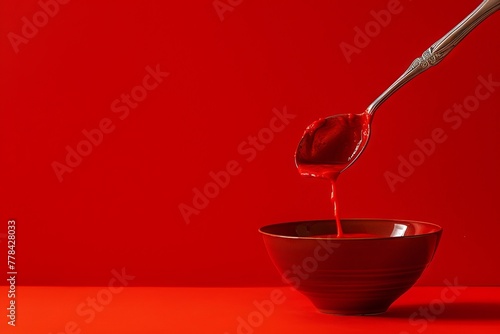 Ladle suspended mid-air, pouring a rich tomato bisque into a vintage soup bowl. The bold reds and deep shadows create a dynamic visual impact. © Oskar Reschke