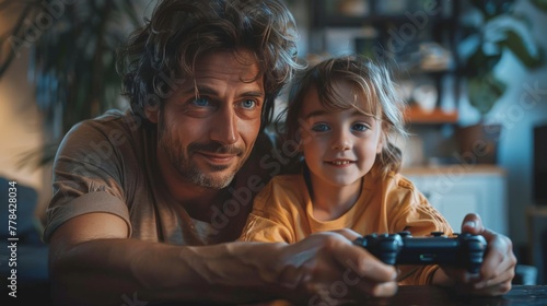 Man and Little Girl Playing Video Game