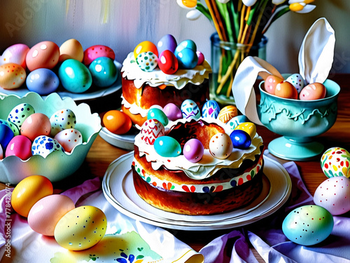 Watercolor illustration with Easter cake and multi-colored eggs standing on the table. Watercolor drawing on textured paper. Easter concept. Children's drawing with paints.