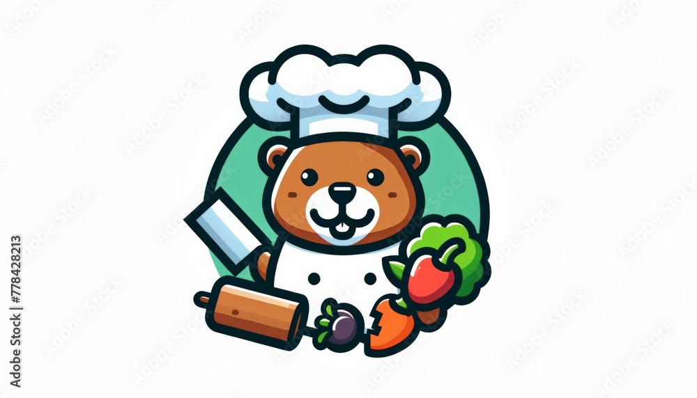 Bear chef with vegetables and a knife, in a chef's attire. Bear chef with vegetables and a knife, in a chef's attire.