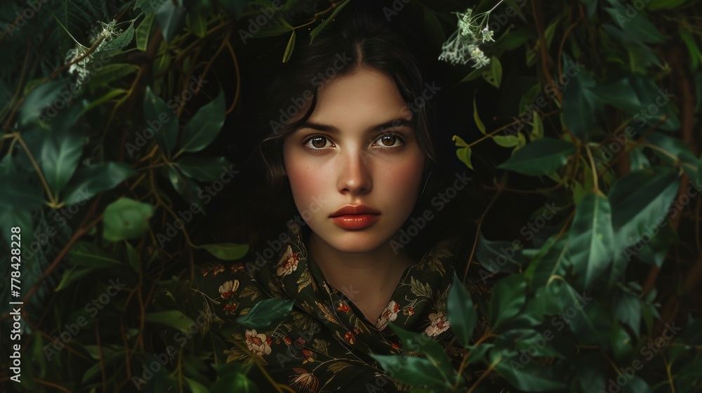 A dark-haired beauty with olive skin and brown eyes is framed by the dense foliage of the Black Forest. Her traditional German attire blends seamlessly with the earthy tones of the forest. - obrazy, fototapety, plakaty 